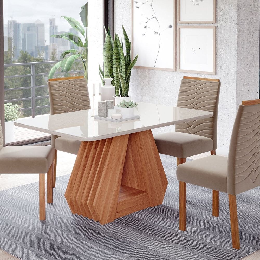 Sala de Jantar Agata 130 Cm com 4 Cadeiras Clarice Wood Cinamomo/Off/Madeira/Joli