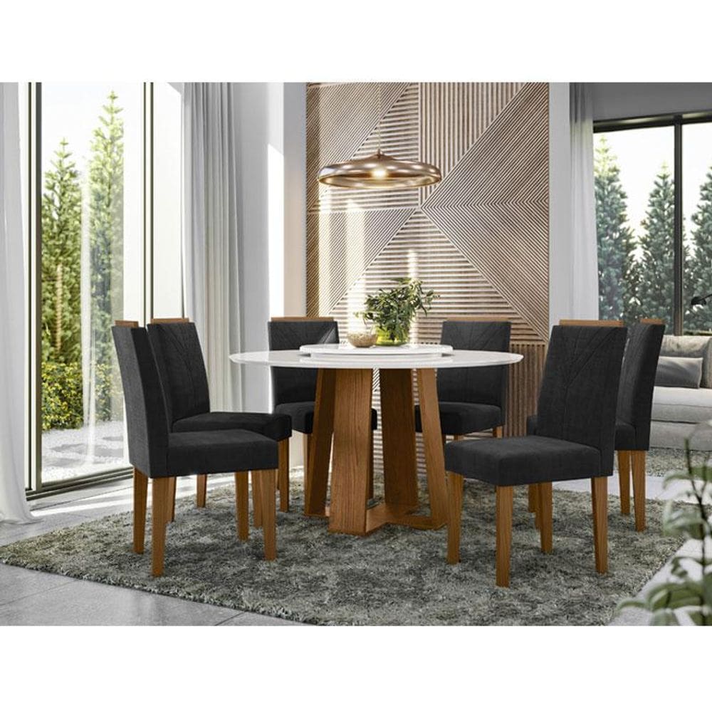 Mesa de jantar Ambiente 135x135 cm com Tampo Giratório Isabela com Vidro Ype Off White e 6 Cadeiras Amanda Ype Veludo Preto - New Ceval