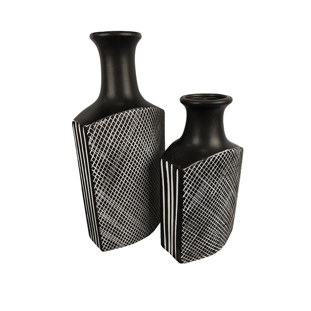 Dupla de Vasos Cerâmica De Sala Tipo Garrafa Preto E Branco Decorglass