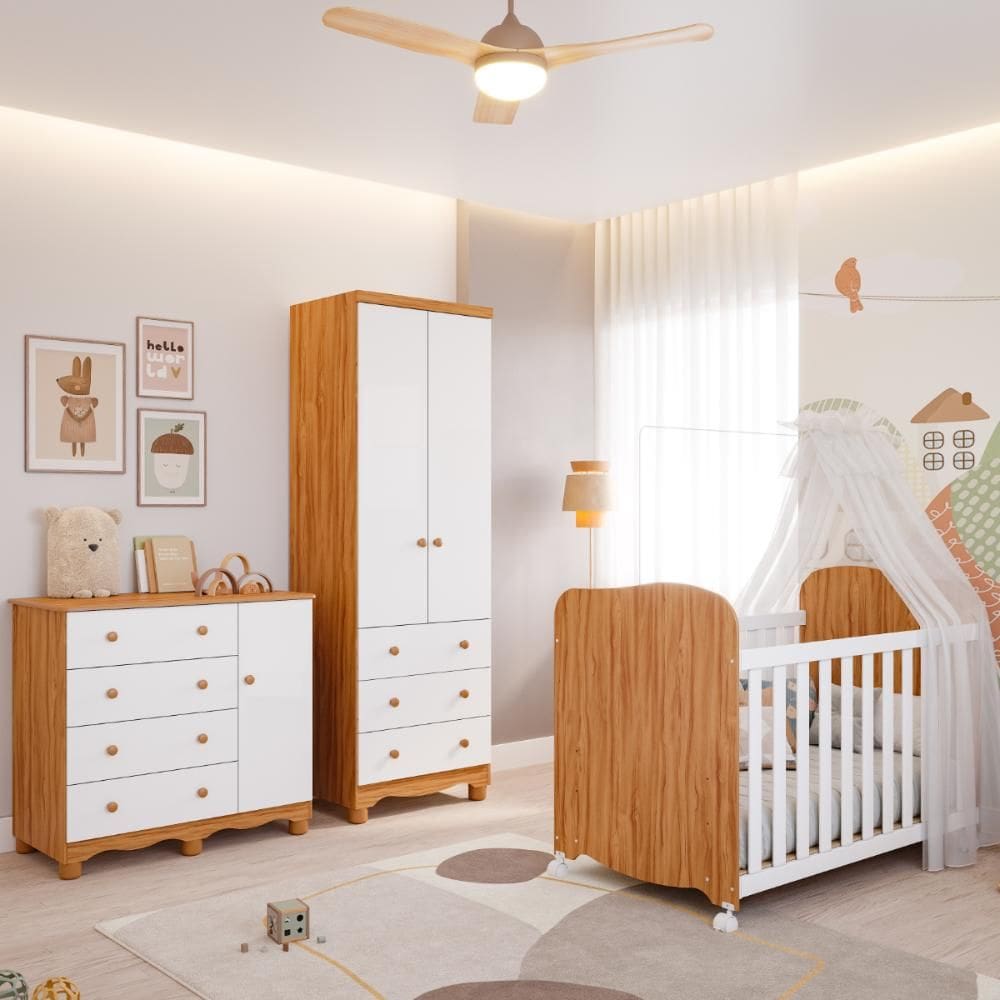Quarto Bebê Completo Berço Americano Uli Guarda Roupas 2 Portas 3 Gavetas Cômoda Junior 100% MDF