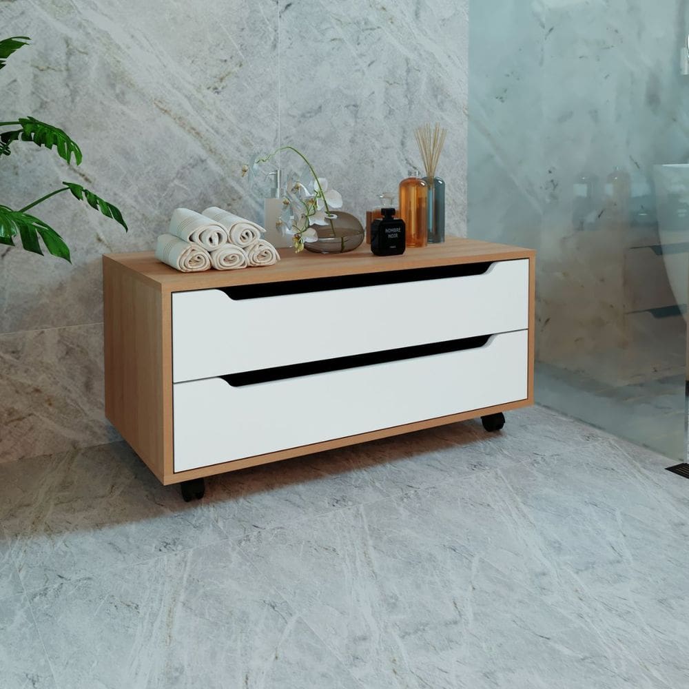 Balcão para Banheiro 2 Gavetas com Rodízios 80x38cm Amêndoa Branco Tecno Mobili