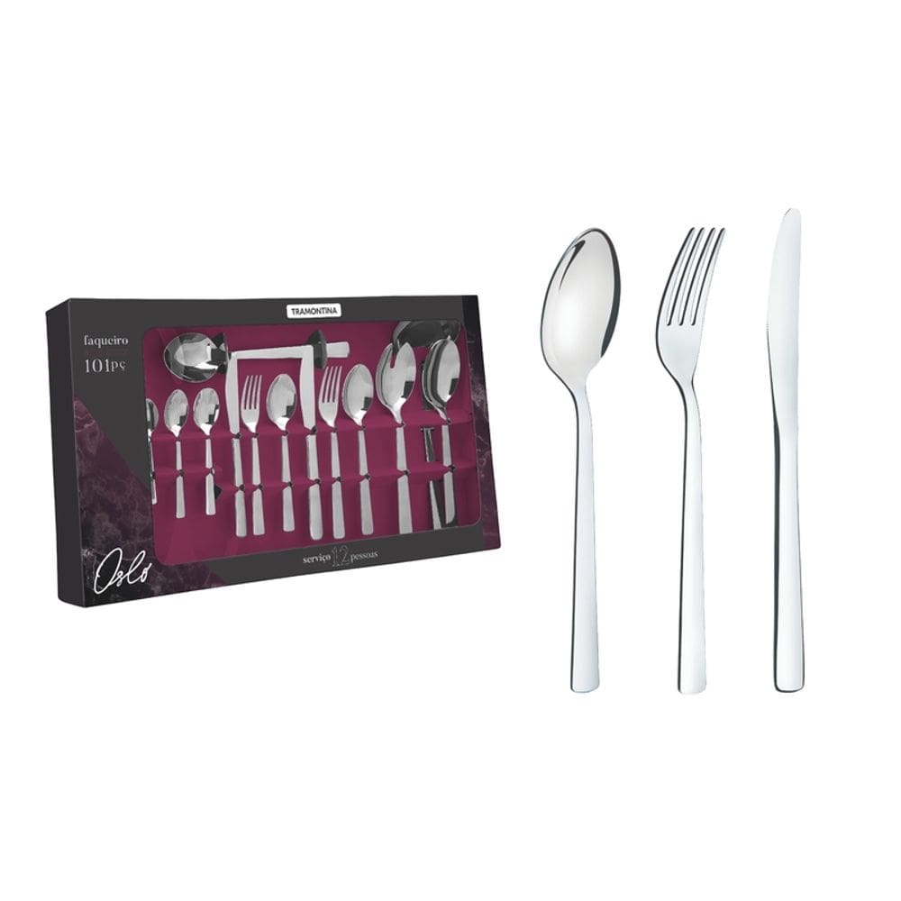 Faqueiro Oslo em Aço Inox com Facas de Mesa Forjadas Acabamento Brilho 101 Peças Tramontina 66985/030