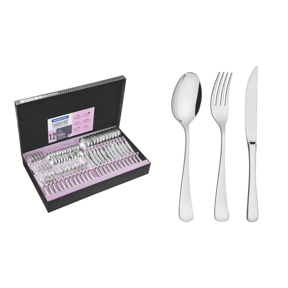 Faqueiro Mônaco 72 Peças em Aço Inox com Facas para Churrasco Forjadas Acabamento Alto Brilho Tramontina 66917/157
