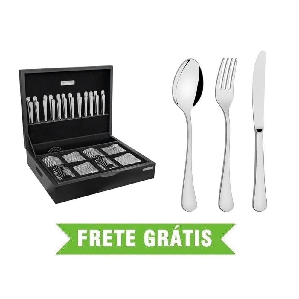 Faqueiro Zurique 101 Peças em Aço Inox com Facas de Mesa Acabamento Alto Brilho com Estojo de Madeira Tramontina 66986/214