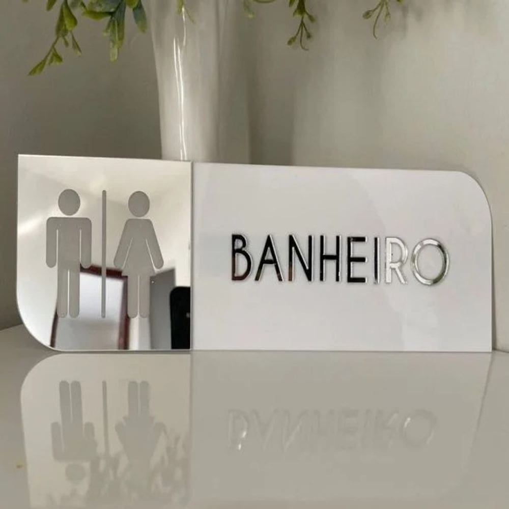 Placa Identificação de Porta, Banheiro, Copa, Cantinho do café, Em MDF branco com Acrílico espelhado.