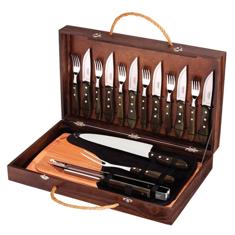 Kit para Churrasco Jumbo 17 Peças em Aço Inox Cabo Castanho Polywood com Tábua e Estojo Tramontina 21198/966