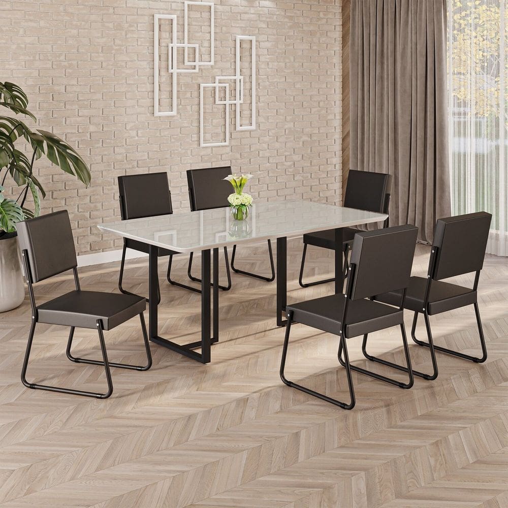 Conjunto Sala de Jantar Mesa 160x90cm Base Lunna Tampo MDF Laca com Vidro Napoli Preto