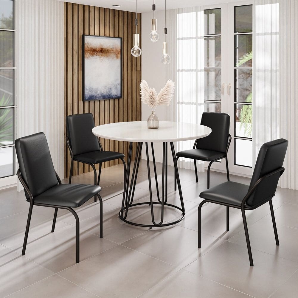 Conjunto Sala de Jantar Mesa Redonda 100cm Base Omega Tampo MDF Laca com Vidro Malibu Preto