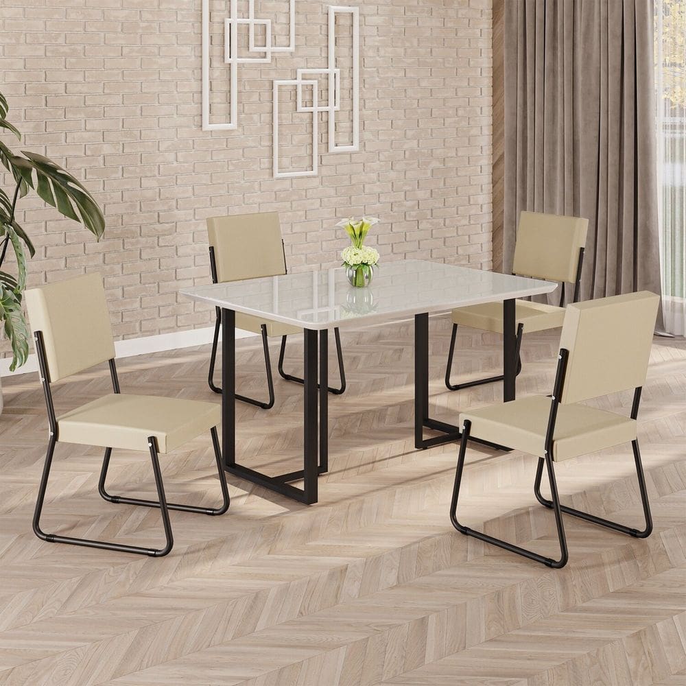 Conjunto Sala de Jantar Mesa 120x90cm Base Lunna Tampo MDF Laca com Vidro Napoli Creme/Preto