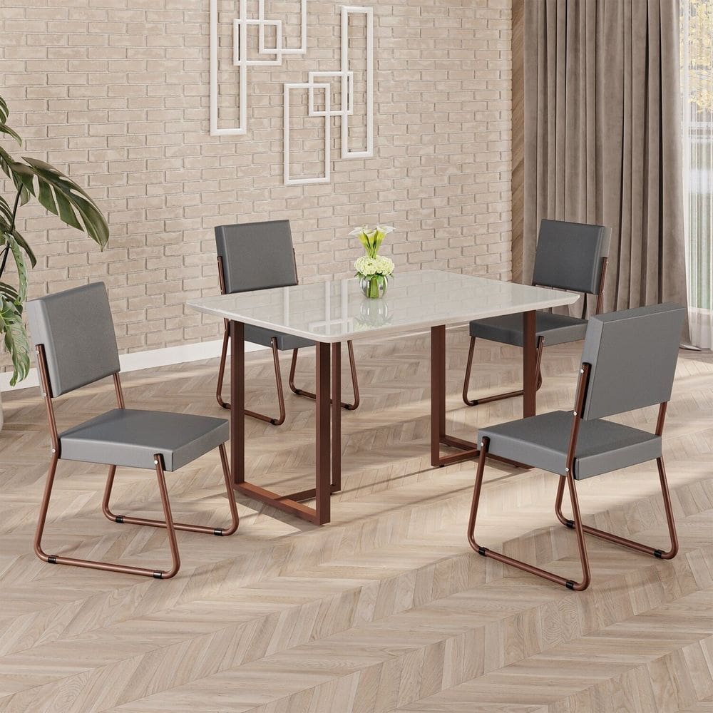 Conjunto Sala de Jantar Mesa 120x90cm Base Lunna Tampo MDF Laca com Vidro Napoli Grafite / Marrom