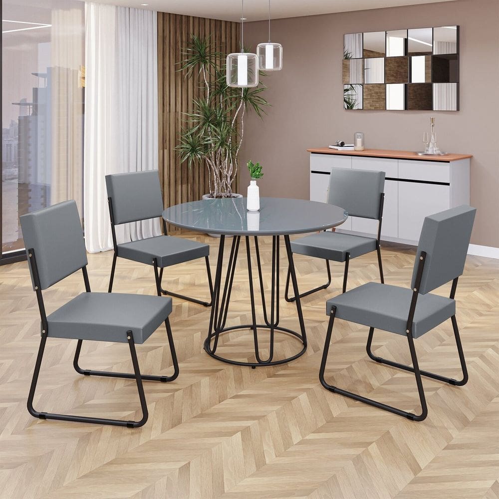 Conjunto Sala de Jantar Mesa Redonda 100cm Base Omega Tampo MDF Laca com Vidro Napoli Grafite / Preto