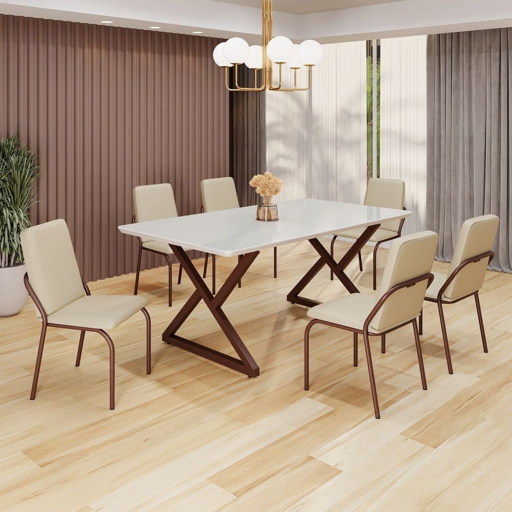 Conjunto Sala de Jantar Mesa 160x90cm Base Império Tampo MDF Laca com Vidro Malibu Creme/Marrom