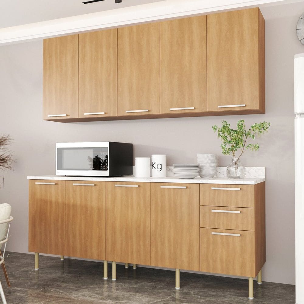 Cozinha Compacta Girassol 200cm com Tampo, 4 Peças, 9 Portas e 3 Gavetas com Divisor de Talheres Freijó/Branco