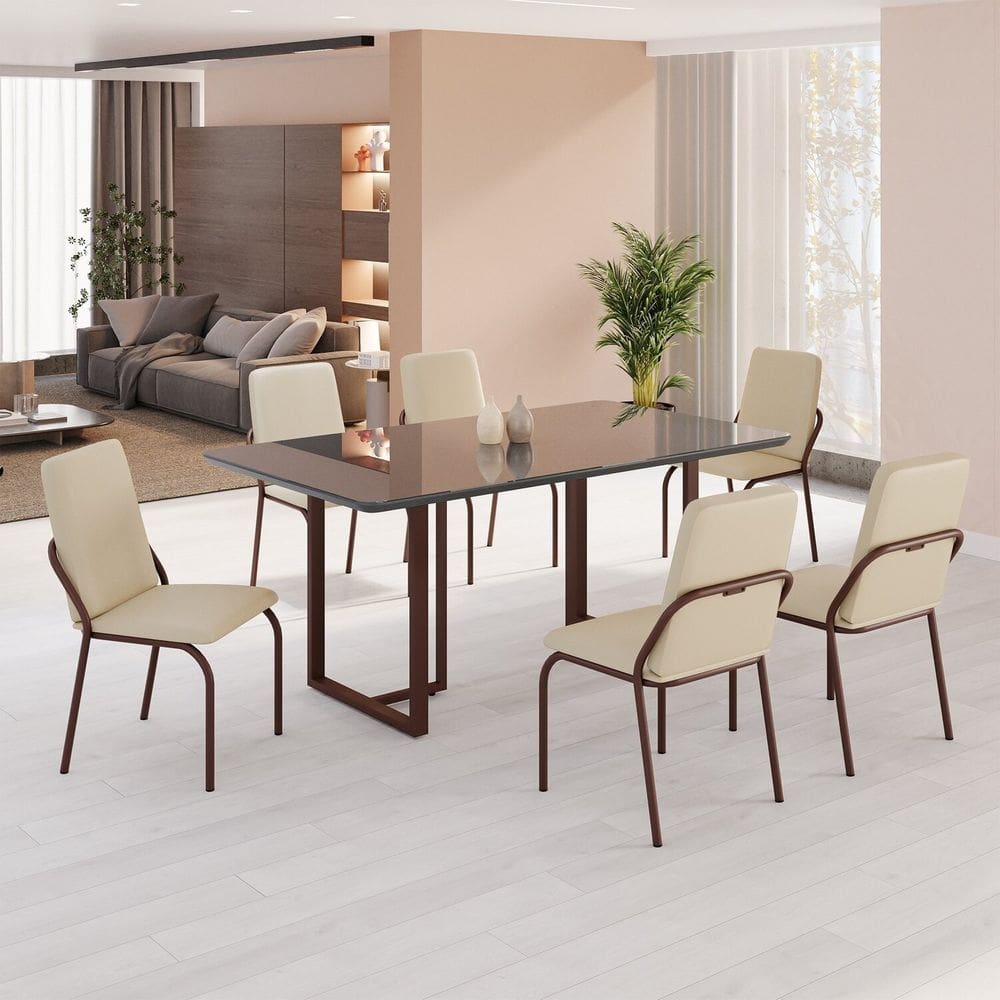 Conjunto Sala de Jantar Mesa 160x90cm Base Lunna Tampo MDF Laca com Vidro Malibu Creme/Marrom