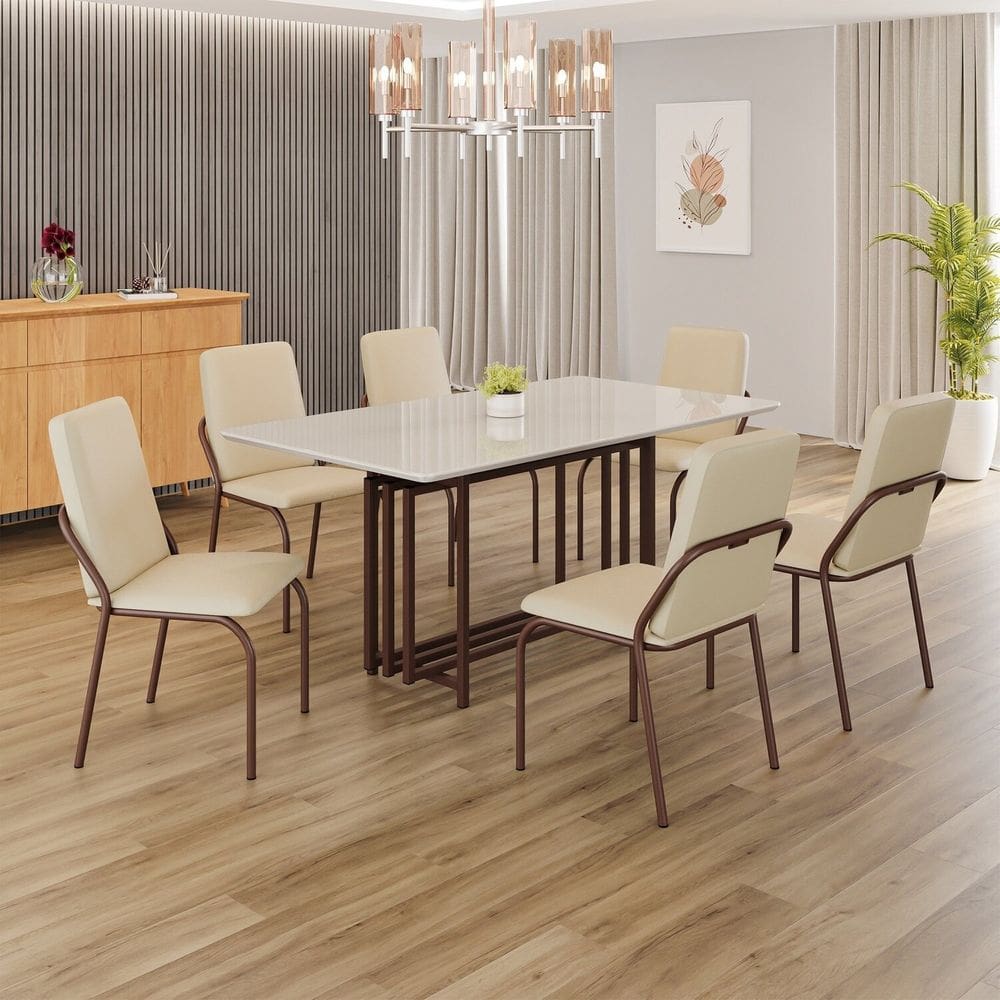 Conjunto Sala de Jantar Mesa 160x90cm Base Pérola Tampo MDF Laca com Vidro Malibu Creme / Marrom