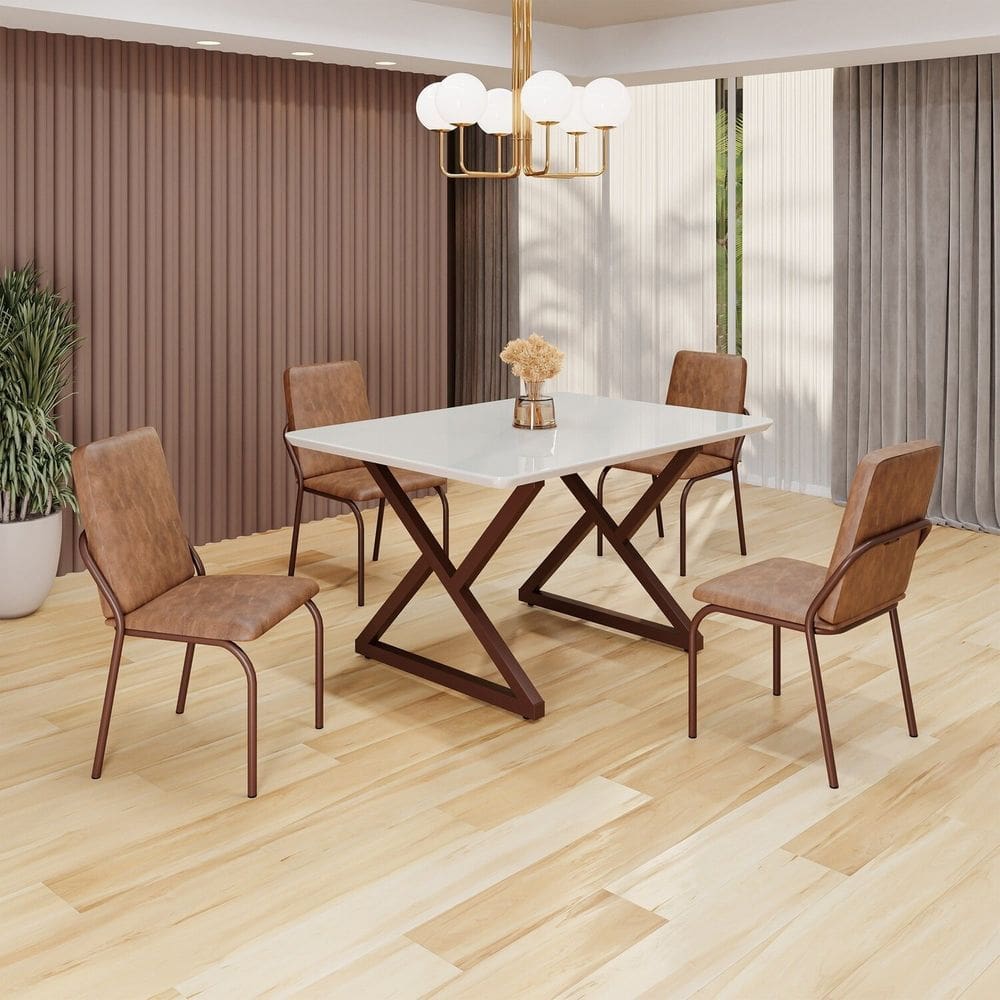 Conjunto Sala de Jantar Mesa 120x90cm Base Império Tampo MDF Laca com Vidro Malibu Marrom