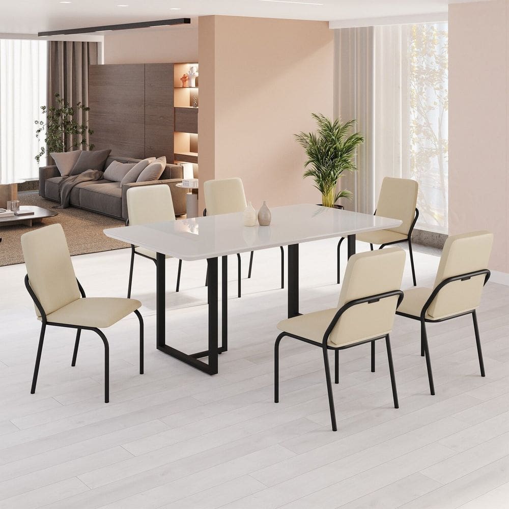 Conjunto Sala de Jantar Mesa 160x90cm Base Lunna Tampo MDF com Vidro Malibu Creme / Preto
