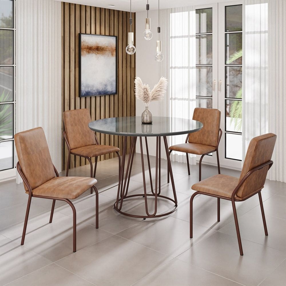 Conjunto Sala de Jantar Mesa Redonda 100cm Base Omega Tampo MDF Laca com Vidro Malibu Marrom