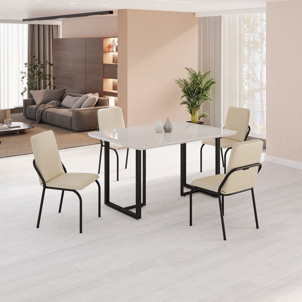 Conjunto Sala de Jantar Mesa 120x90cm Base Lunna Tampo MDF Laca com Vidro Malibu Creme/Preto