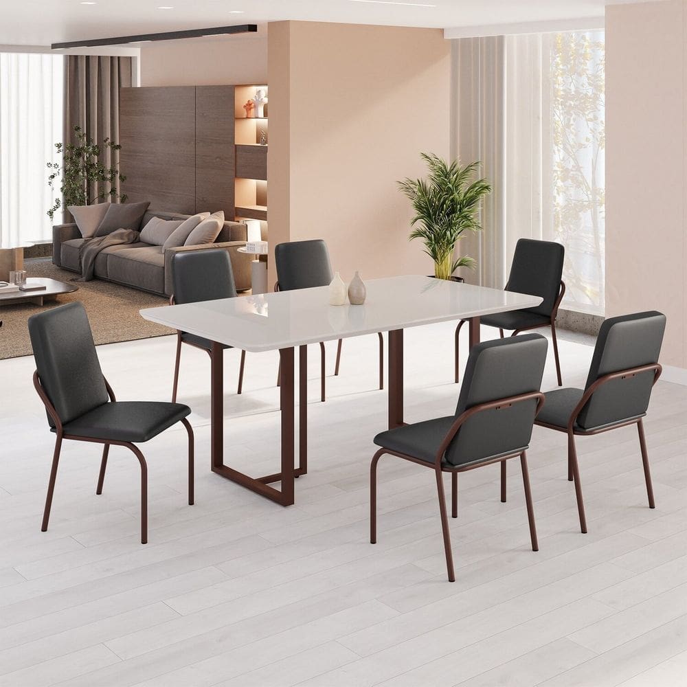 Conjunto Sala de Jantar Mesa 160x90cm Base Lunna Tampo MDF com Vidro Malibu Preto liso / Marrom