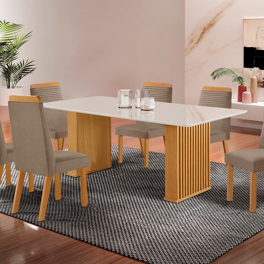 Conjunto Sala de Jantar Mesa Imperatriz 1,80x0,90 com 06 Cadeiras Catar Yescasa Castanho / Capuccino /Off White