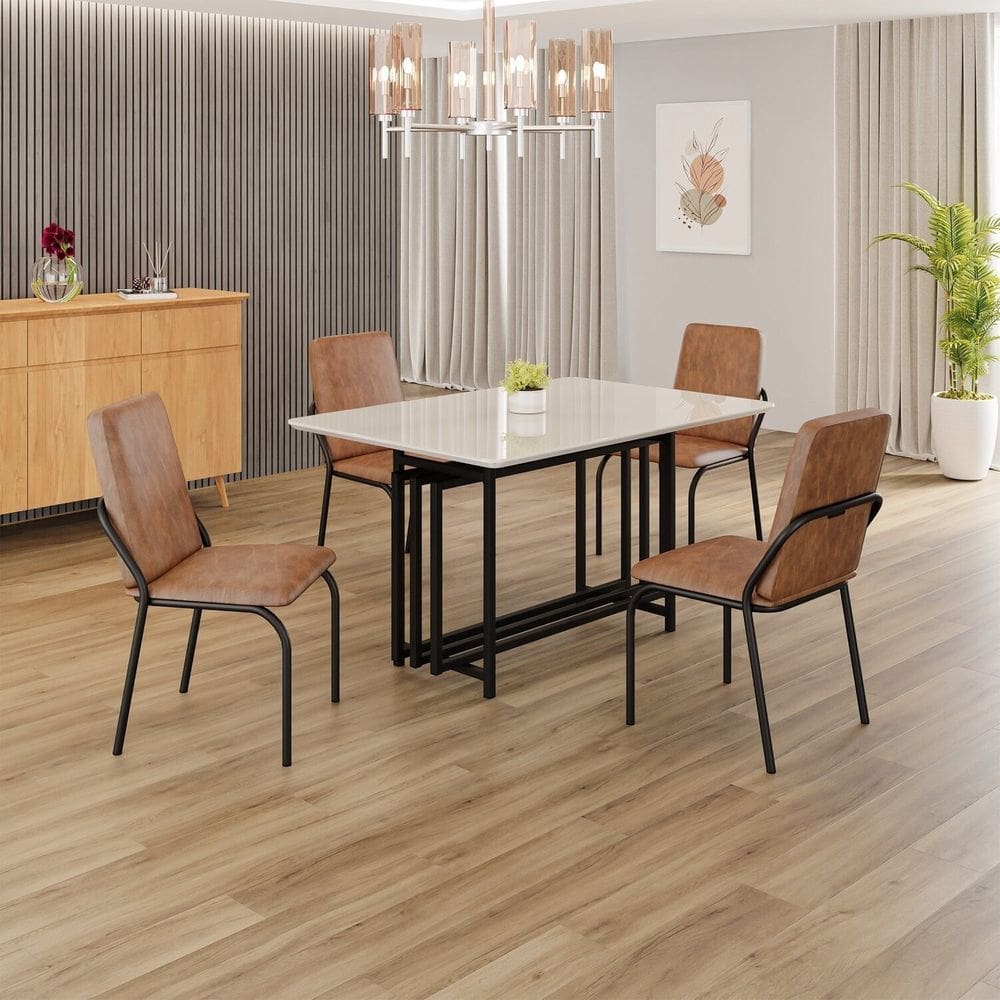Conjunto Sala de Jantar Mesa 120x90cm Base Pérola Tampo MDF com Vidro Malibu marrom / preto