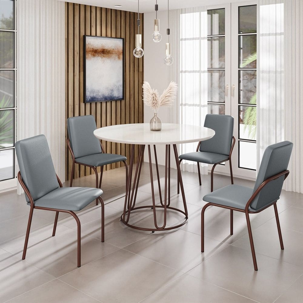 Conjunto Sala de Jantar Mesa Redonda 100cm Base Omega Tampo MDF Laca com Vidro Malibu Grafite / Marrom