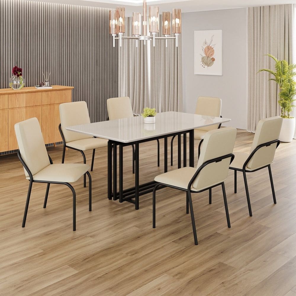 Conjunto Sala de Jantar Mesa 160x90cm Base Pérola Tampo MDF com Vidro Malibu Creme / Preto