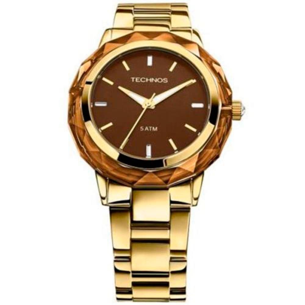 Relógio Feminino Dourado Swarovski Display Marrom 40mm