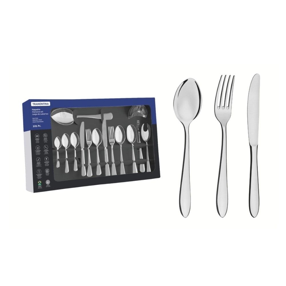 Faqueiro Satri 101 Peças em Aço Inox com Facas de Mesa Acabamento Alto Brilho Tramontina 66982/030