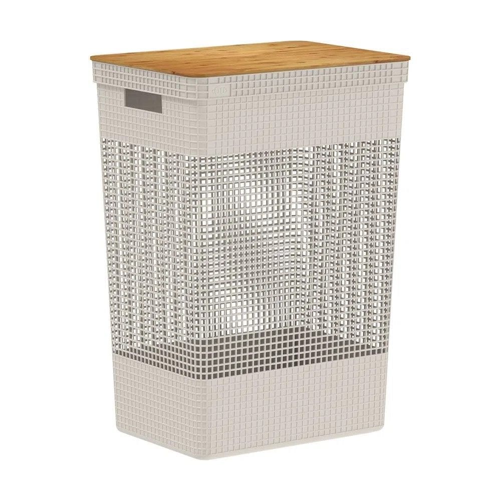 Cesto de Roupa Grid Bege 49 L com Tampa de Bambu 38 x 28 x 55,6 cm