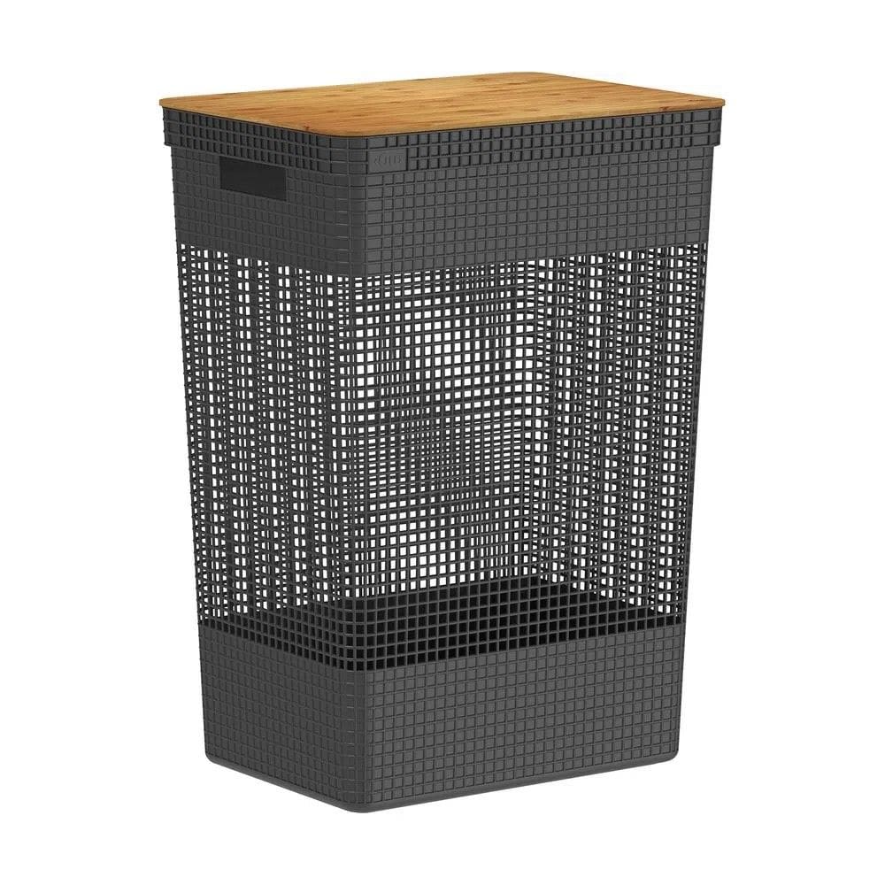 Cesto de Roupa Grid Preto 49 L com Tampa de Bambu 38 x 28 x 55,6 cm