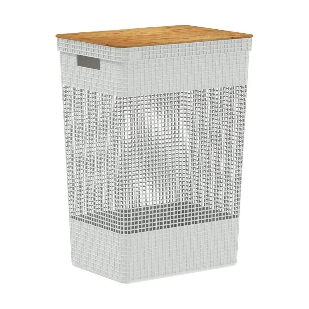 Cesto de Roupa Grid Branco Oceano 49 L com Tampa de Bambu 38 x 28 x 55,6 cm