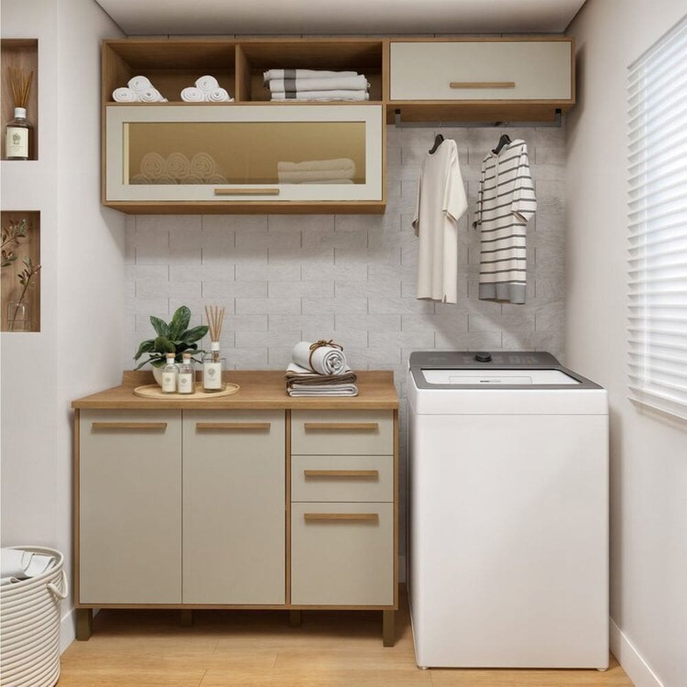 Lavanderia Modulada Balcão 3 Portas e 2 Armários Aéreos com 1 Porta Salvador Cinamomo/Off White