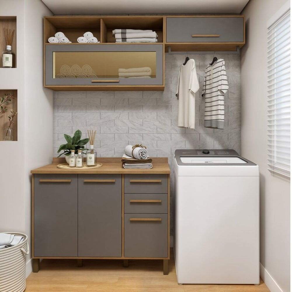Lavanderia Modulada Balcão 3 Portas e 2 Armários Aéreos com 1 Porta Salvador Cinamomo/Grafite