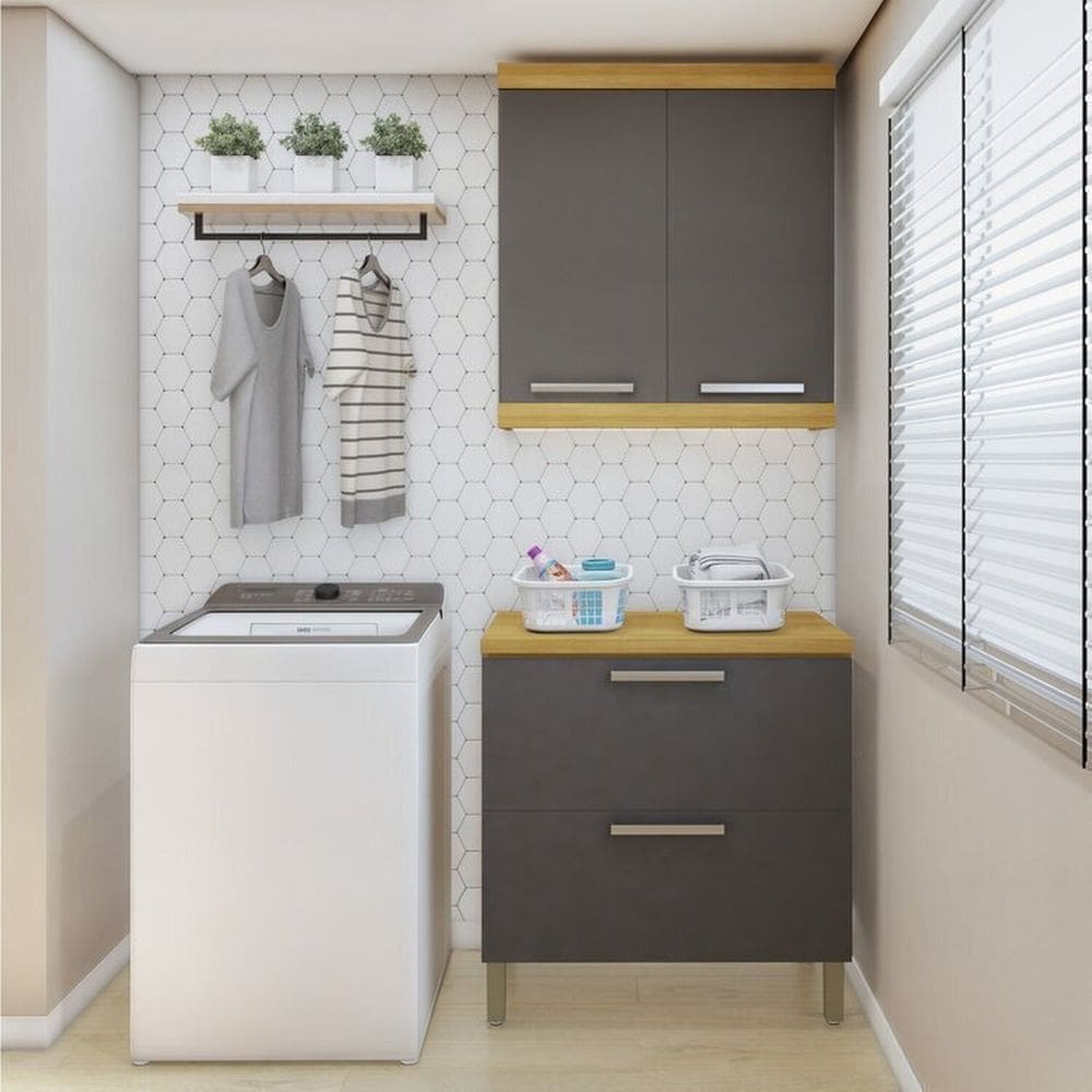 Lavanderia Modulada com Balcão 2 Portas e Armário Aéreo 100% Mdf Burguesa Amadeirado Freijó/Grafite