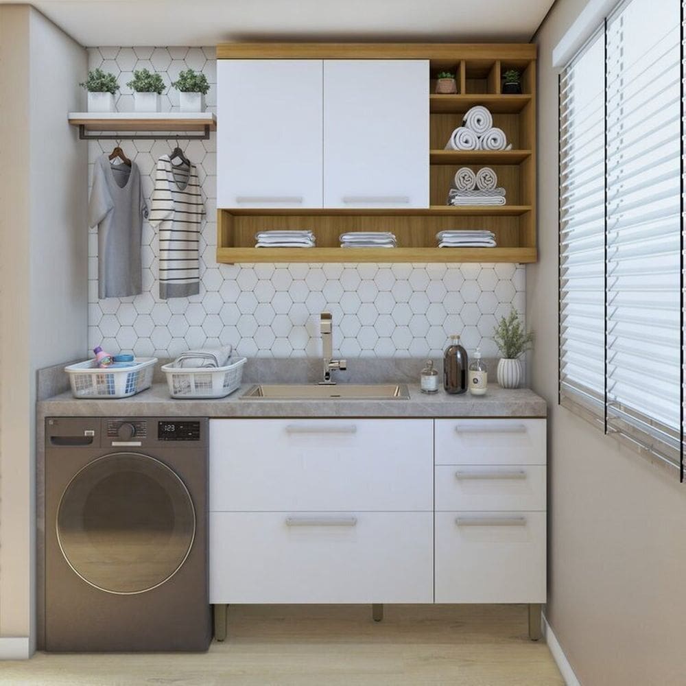 Lavanderia Modulada com Balcão e Armário Aéreo com Nicho 100% Mdf Burguesa Amadeirado Freijó/Branco