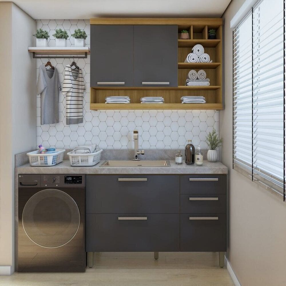 Lavanderia Modulada com Balcão e Armário Aéreo com Nicho 100% Mdf Burguesa Amadeirado Freijó/Grafite