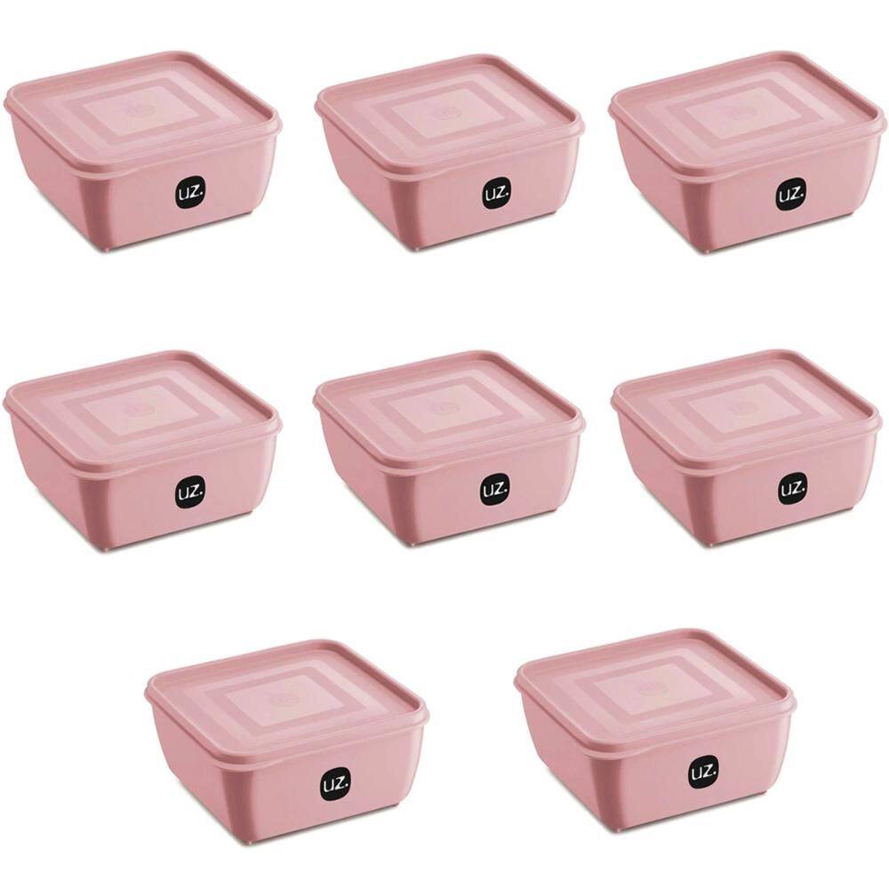 Kit 8 Potes Plástico UZ Rosa Quadrados Mantimentos 1,5L com Tampa Premium