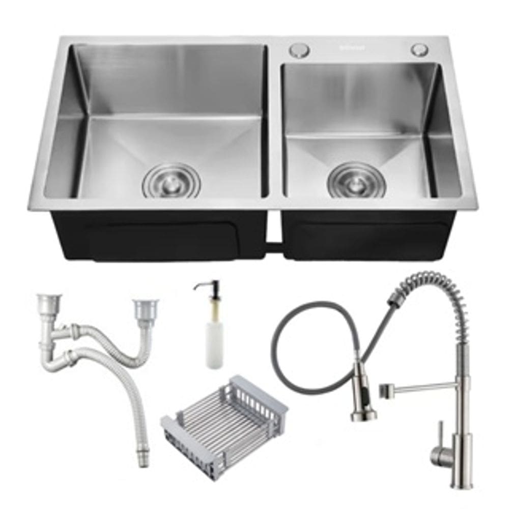 Kit Cuba Pia Dupla Cozinha Gourmet Completa Com Acessórios Prata E Torneira Monocomando Extensível Aço Inox Brinovar