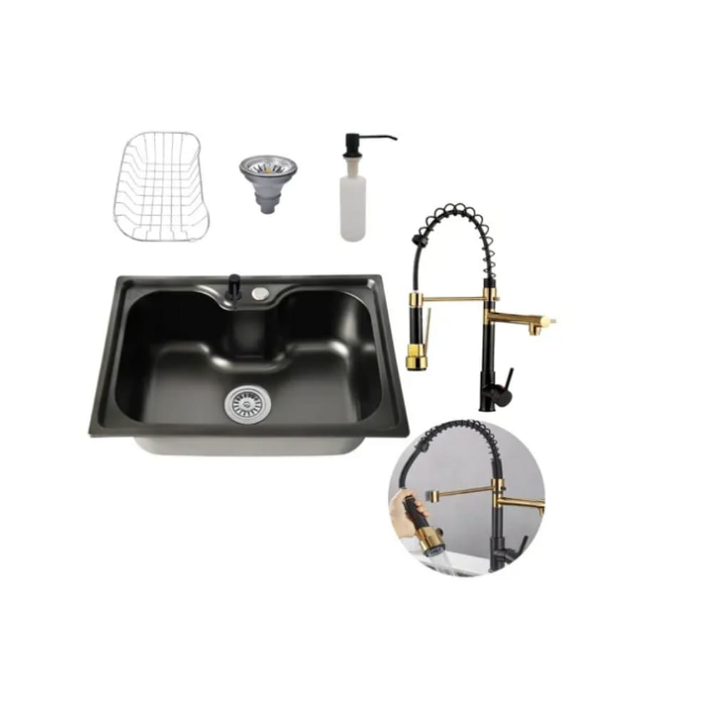 Kit Cuba Cozinha Gourmet Aço Inox Luxo Preto E Torneira Gourmet 2 Saídas Preta E Dourado Brinovar