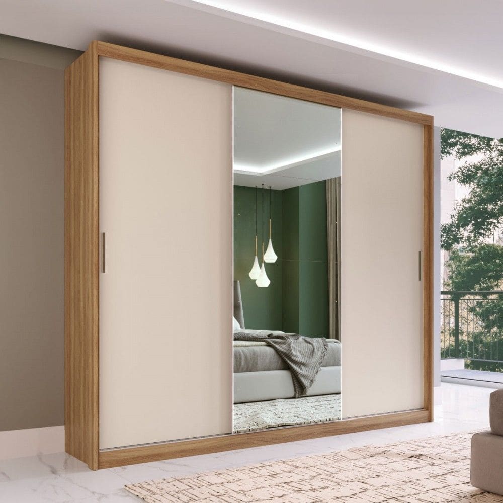 Guarda-Roupa Casal Dalila 3 Portas 4 Gavetas 5 Prateleiras com 1 Porta Espelho Amêndola/Off-White - Demóbile
