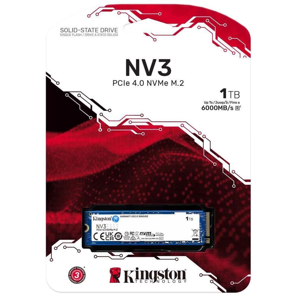 SSD 1TB Kingston NV3, M.2 2280, PCIe 4.0 NVMe, Leitura/Gravação: 6000/4000 MB/s, SNV3S/1000G  KINGSTON