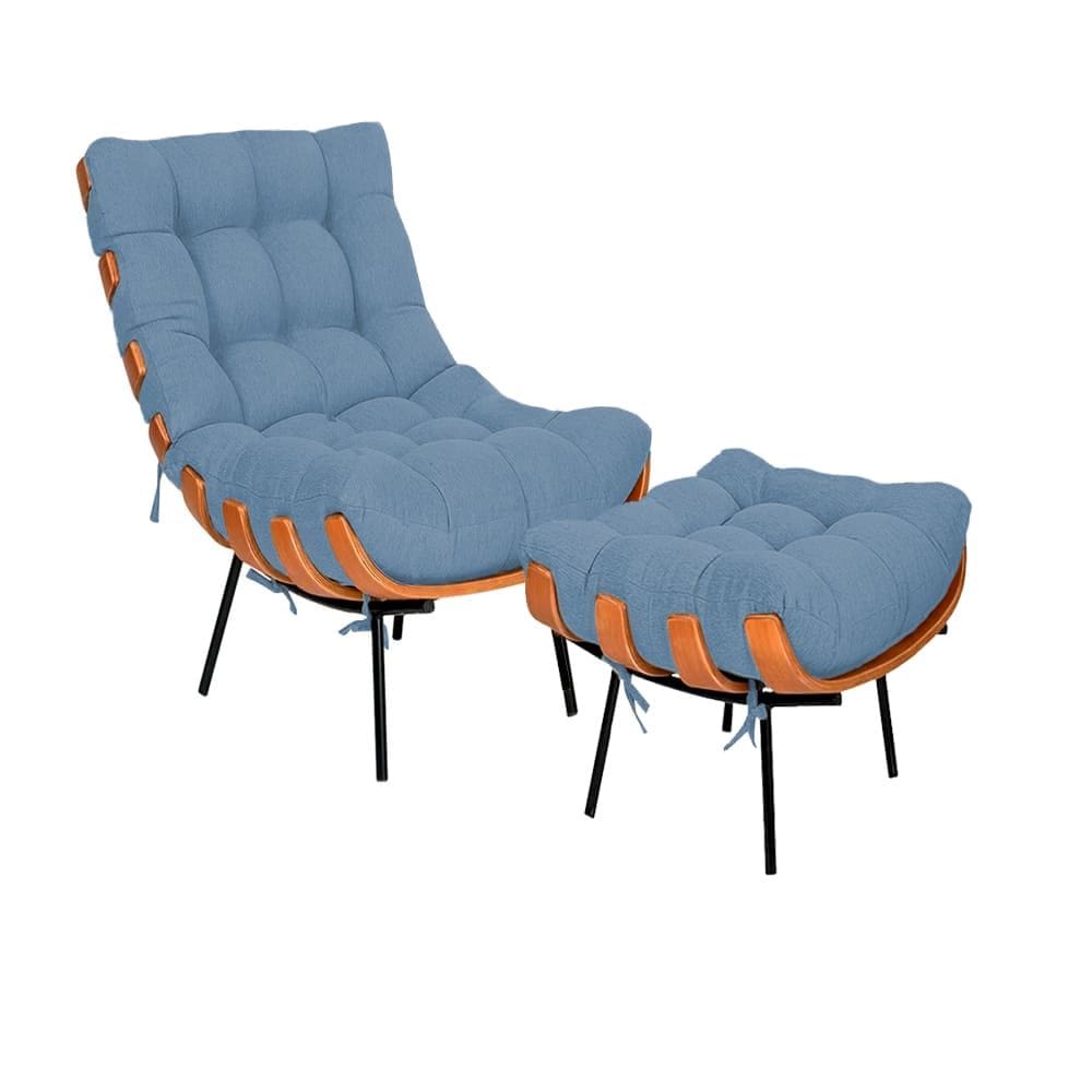 Kit Poltrona e Puff Costela Linho Azul - Vallisa Decor