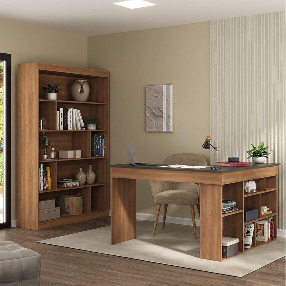 Kit 2 Peças com Escrivaninha em L e Estante para Livros Andorra Espresso Móveis Nogal/Grafite