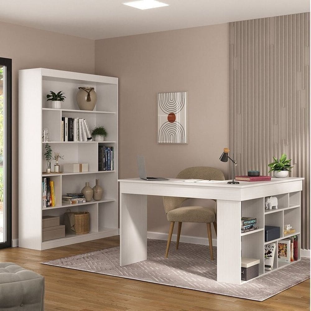 Kit 2 Peças com Escrivaninha em L e Estante para Livros Andorra Espresso Móveis Branco