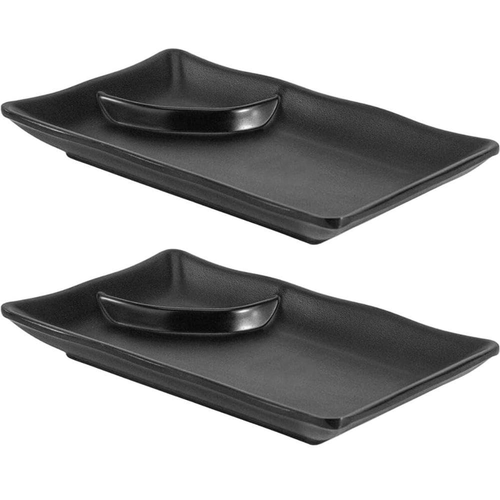 2 Pratos para Sushi com Porta Shoyu 19x12cm Melanina Preta Retangular Comida Japonesa