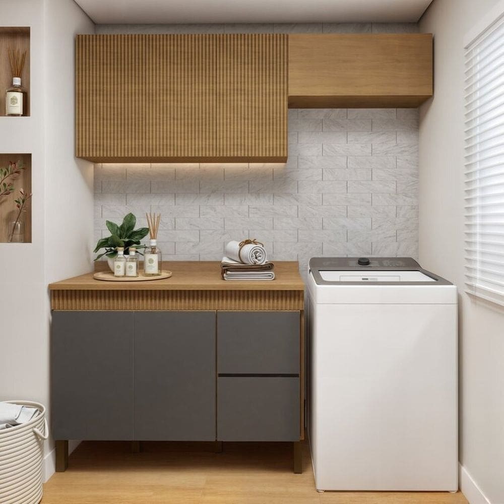 Lavanderia Modulada 2 Armários Aéreos e Balcão 120cm Dakota Cinamomo/Grafite