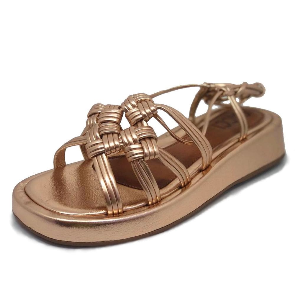 Sandalia Metalizada Amarração Conforto Tendencia Flat Cacci