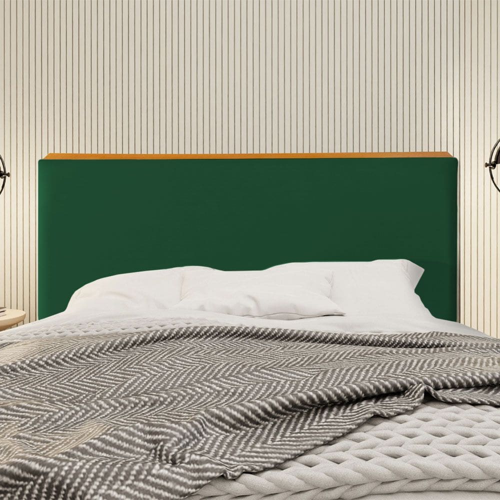 Cabeceira Cama Box King Estofada Detalhe em Madeira Java Veludo Verde